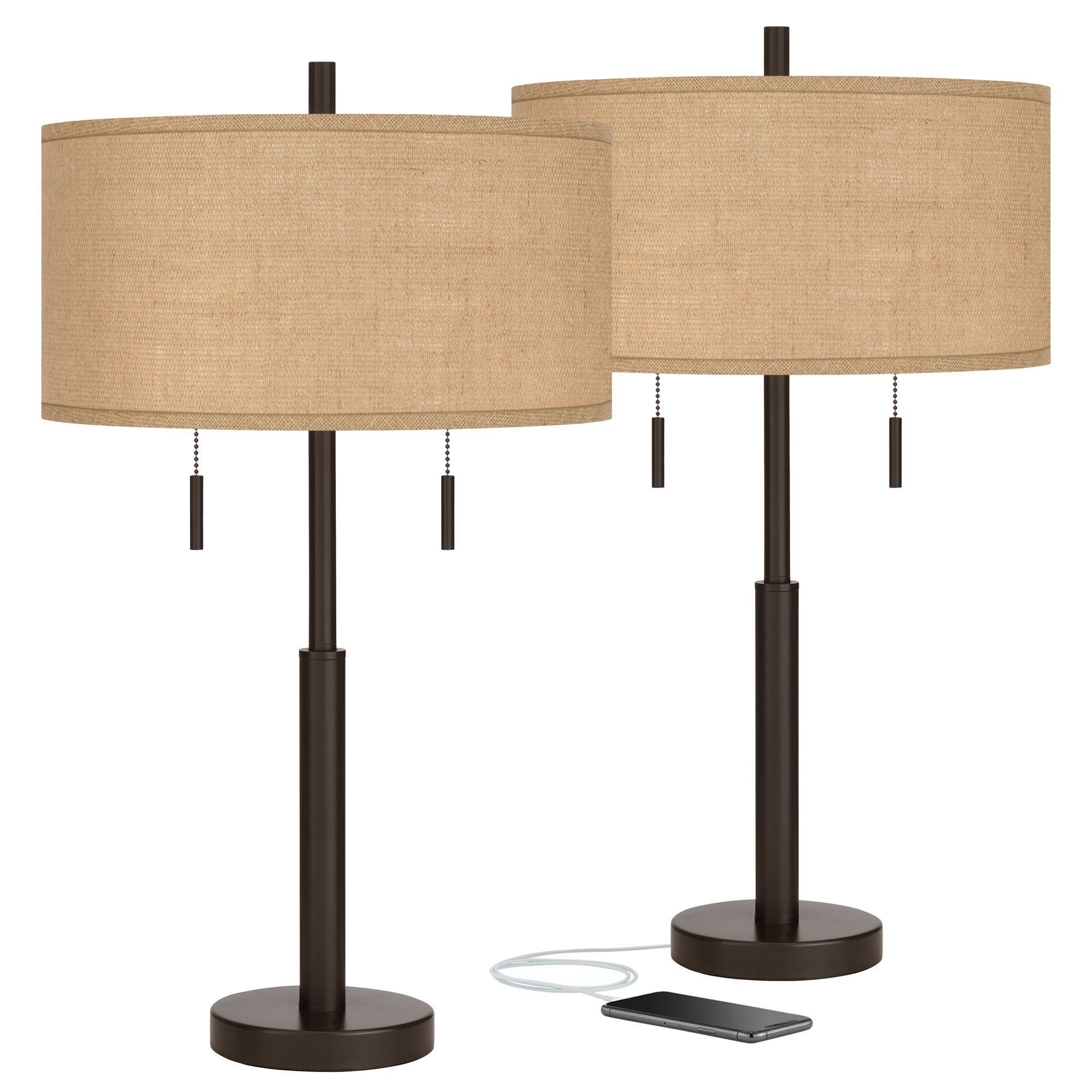 Burlap Shade Robbie Bronze USB Table Lamps Set of 2 65D75 Lamps Plus