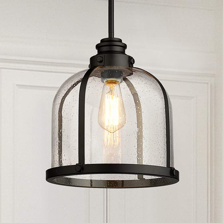 Image 1 Burren 12 1/4"W Matte Black Pendant Light with Seeded Glass