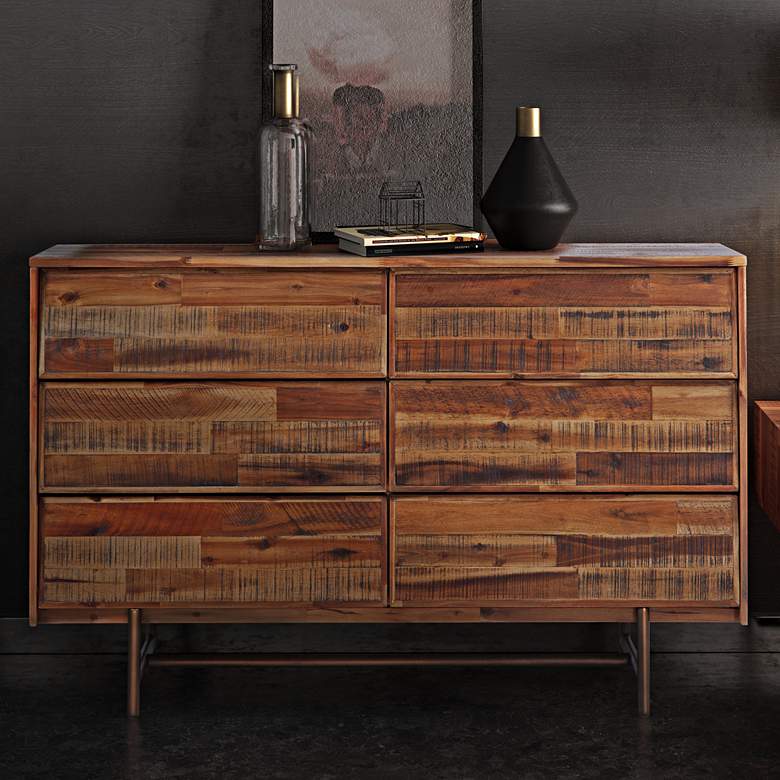 Image 1 Bushwick 57" Wide Natural Brown 6-Drawer Wooden Dresser