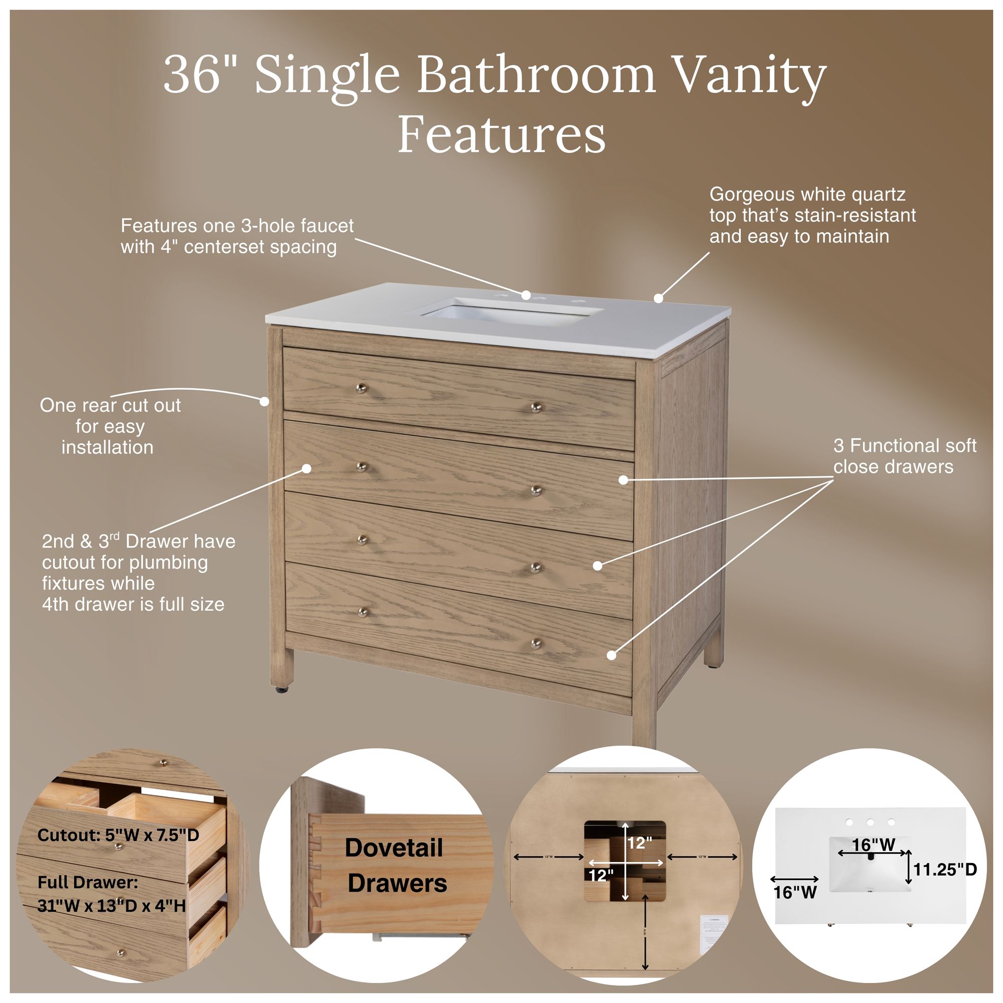 Image 2 Butler Specialty Company Nora 36 in W Quartz Top Bathroom Vanity, Brown more views