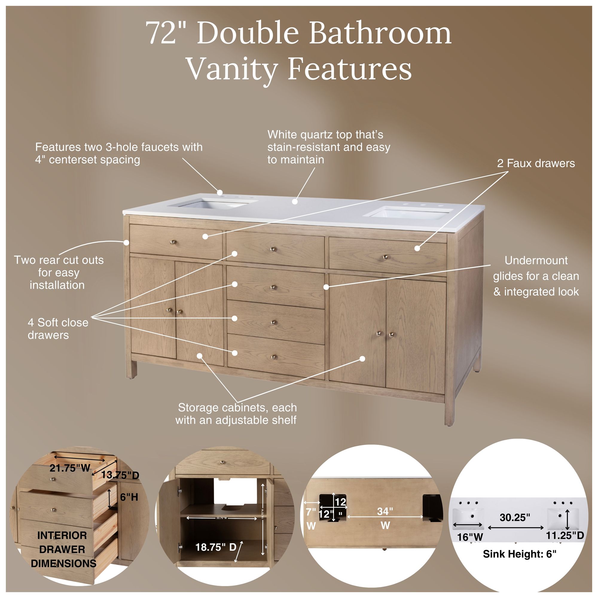 Image 2 Butler Specialty Company Nora 72 in. W Quartz Bathroom Vanity, Light Brown more views