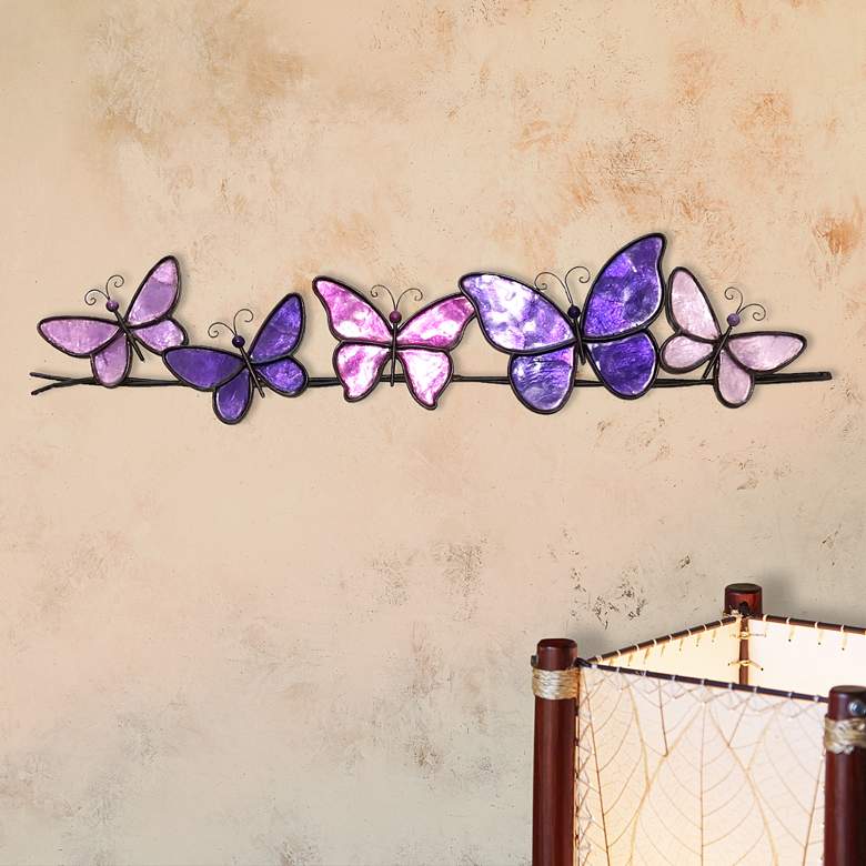 Image 1 Butterflies On A Wire 28" Wide Purple Capiz Shell Wall Decor