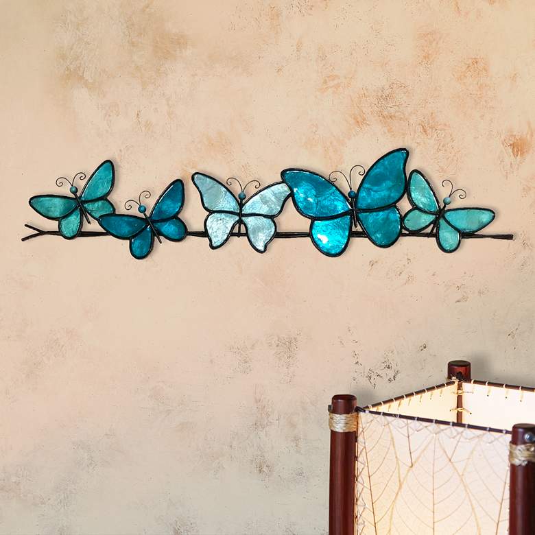 Image 1 Butterflies On A Wire 28 inchW Sea Blue Capiz Shell Wall Decor