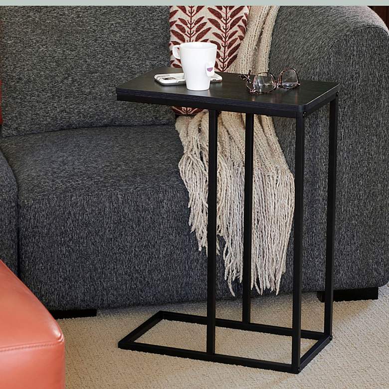 Image 1 C-Shaped Side End Table, Black Oak Wood Grain and Black Metal