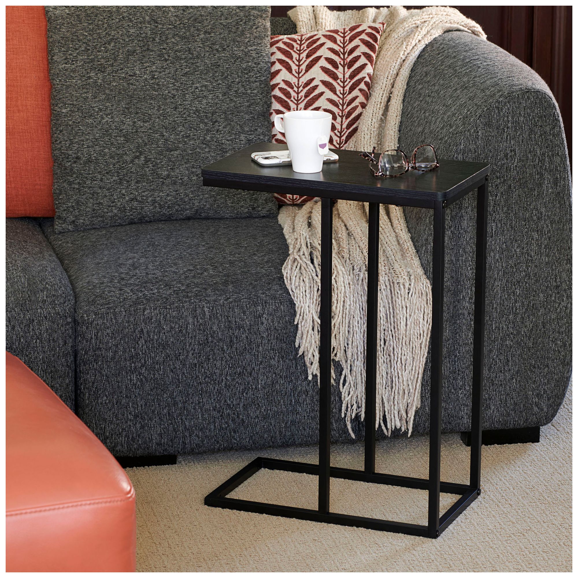 Image 3 C-Shaped Side End Table, Black Oak Wood Grain and Black Metal more views