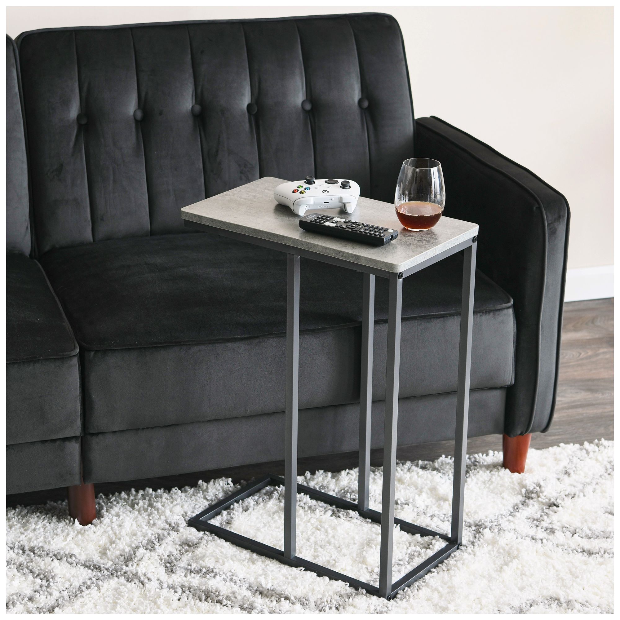 Image 6 C-Shaped Side End Table, Rustic Texture, Slate Concrete and Black Metal more views