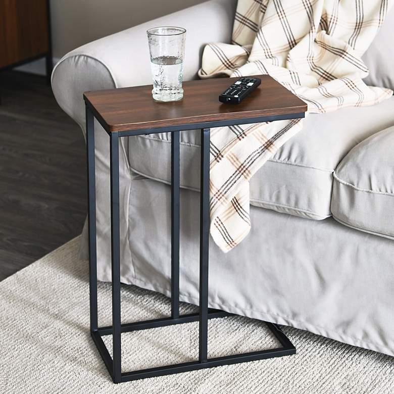 Image 1 C-Shaped Side End Table, Walnut Wood Grain and Black Metal