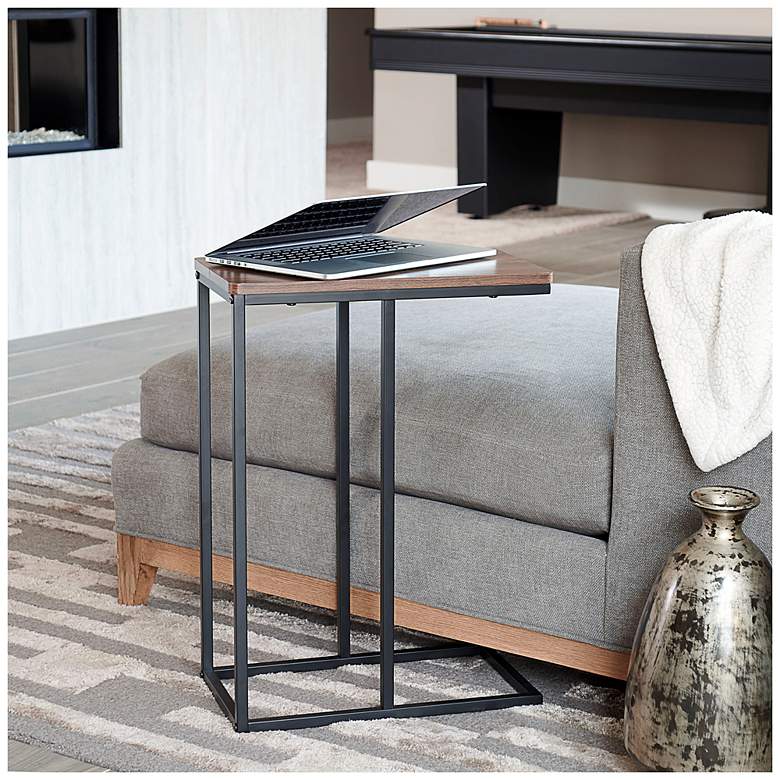 Image 3 C-Shaped Side End Table, Walnut Wood Grain and Black Metal more views