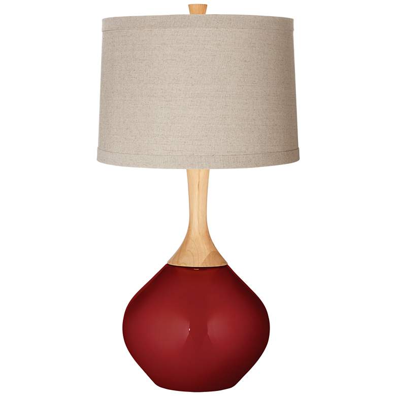 Image 1 Cabernet Red Metallic Natural Linen Drum Shade Wexler Table Lamp