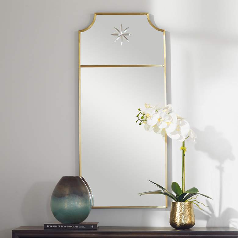 Image 1 Caddington Brushed Brass 18" x 40" Curved Corner Wall Mirror