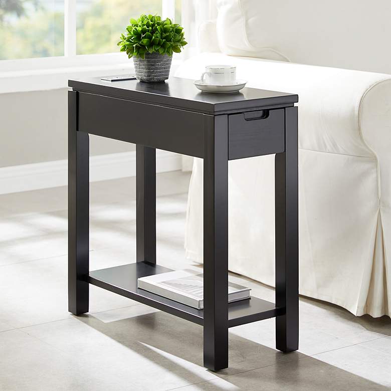 Image 1 Cade 10 inchW Silky Black 1-Drawer Side Table with AC/USB Outlet