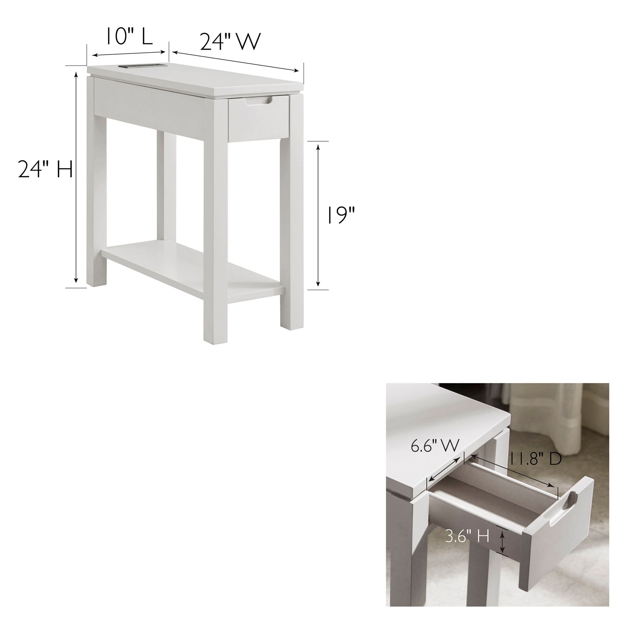 Cade 10"W Silky Gray 1-Drawer Side Table with AC/USB Outlet