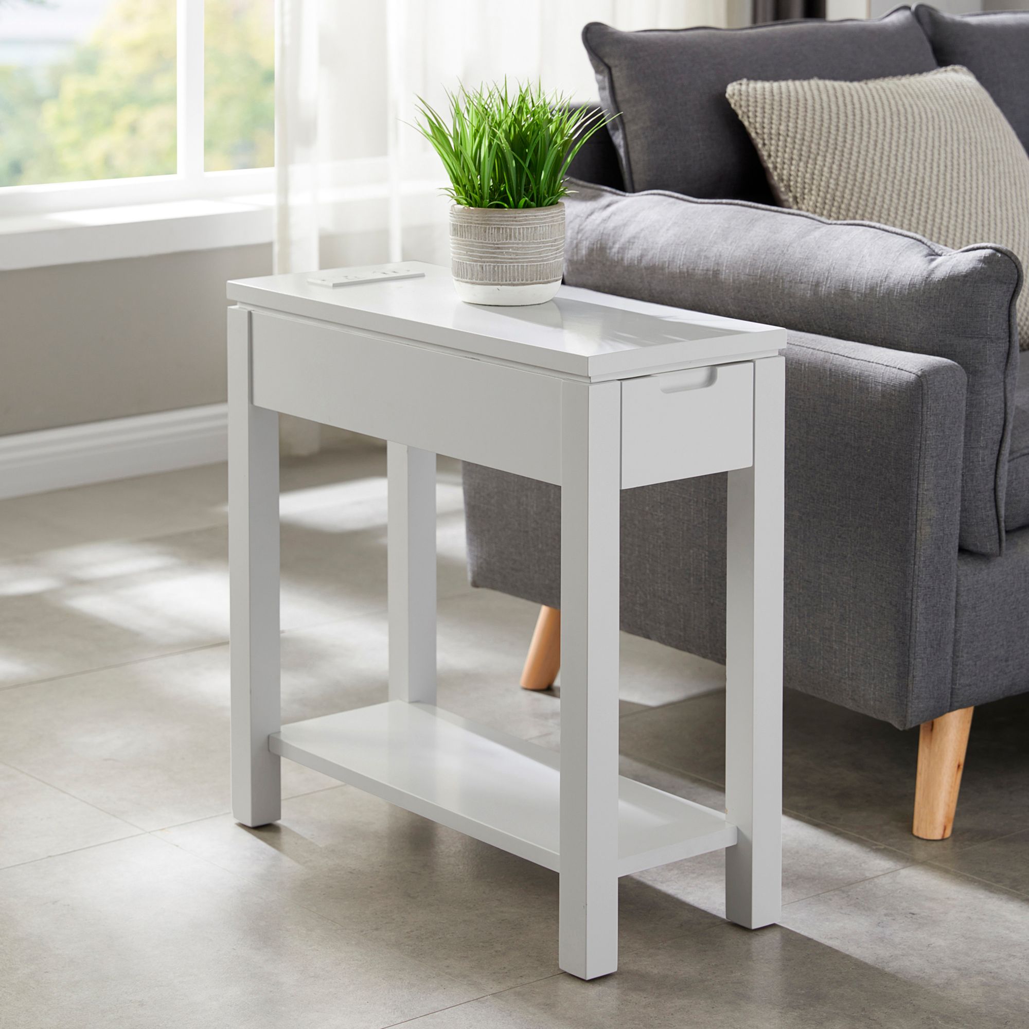 Cade 10"W Silky Gray 1-Drawer Side Table with AC/USB Outlet