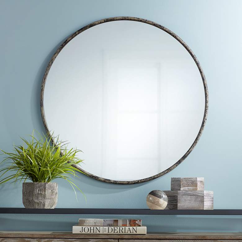 Image 1 Caden 35 1/2" Round Distressed Black Wall Mirror