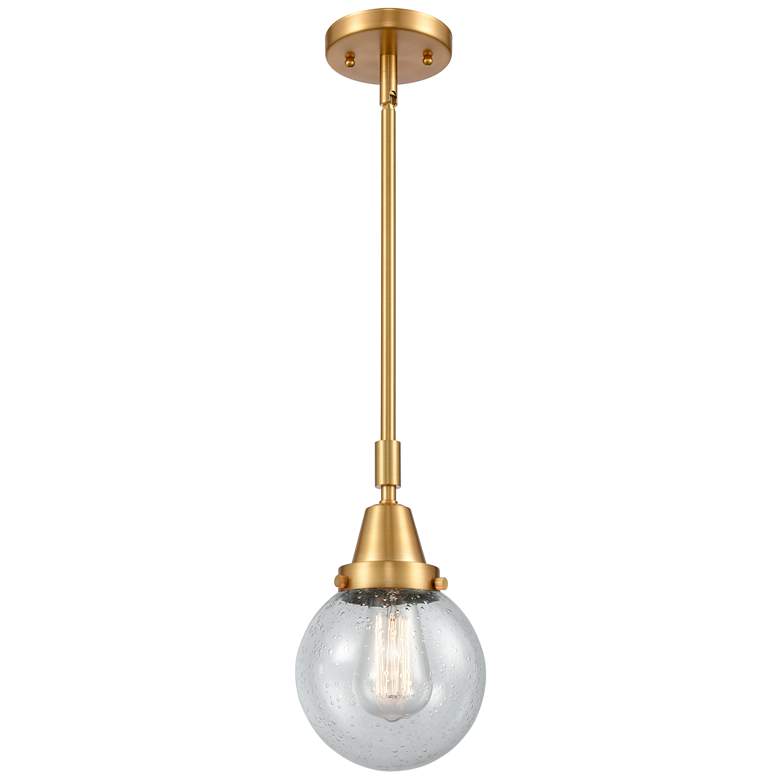 Image 1 Caden Beacon 6" Wide Satin Gold Stem Hung Mini Pendant w/ Seedy Shade