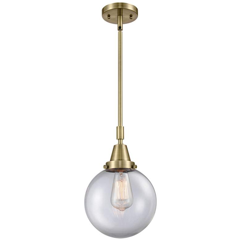 Image 1 Caden Beacon 8" Wide Antique Brass Stem Hung Mini Pendant w/ Clear Sha