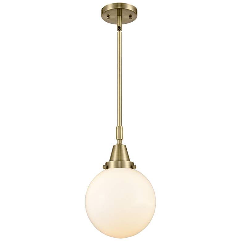 Image 1 Caden Beacon 8" Wide Antique Brass Stem Hung Mini Pendant w/ White Sha