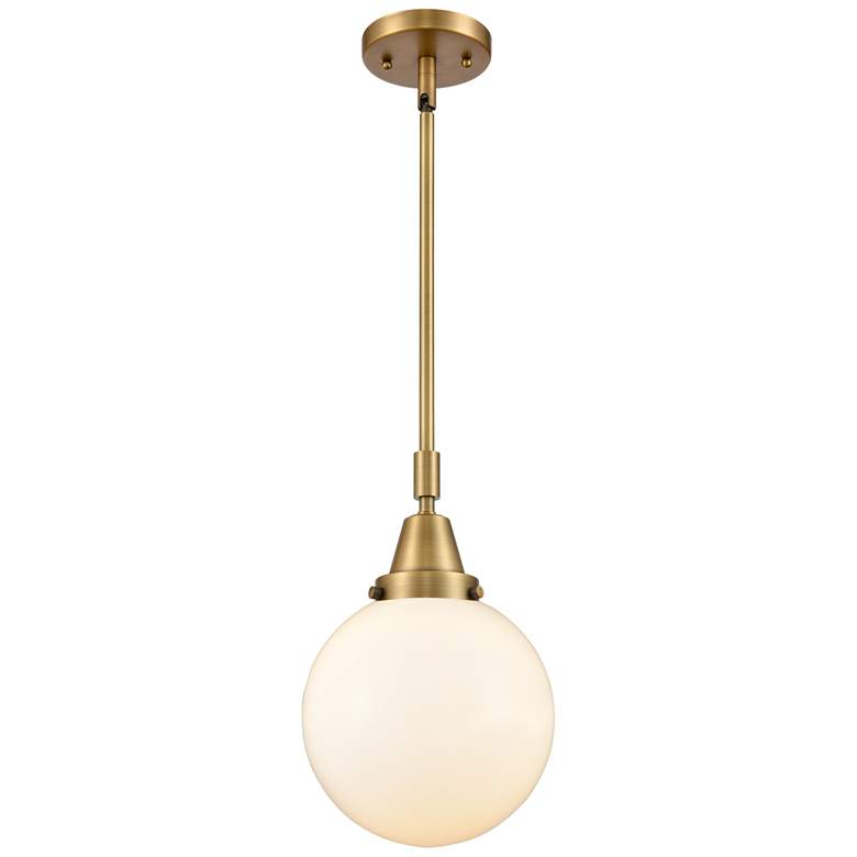 Image 1 Caden Beacon 8" Wide Brushed Brass Stem Hung Mini Pendant w/ White Sha