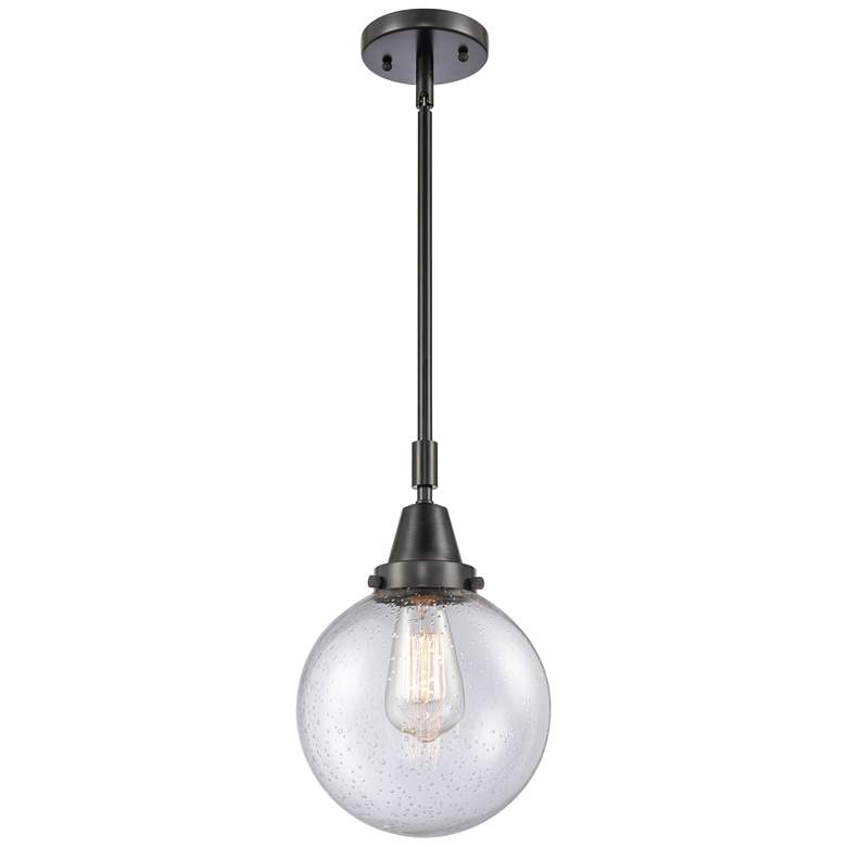 Image 1 Caden Beacon 8" Wide Matte Black Stem Hung Mini Pendant w/ Seedy Shade