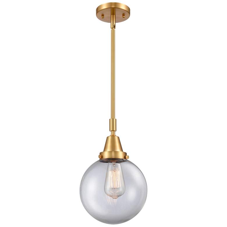 Image 1 Caden Beacon 8" Wide Satin Gold Stem Hung Mini Pendant w/ Clear Shade