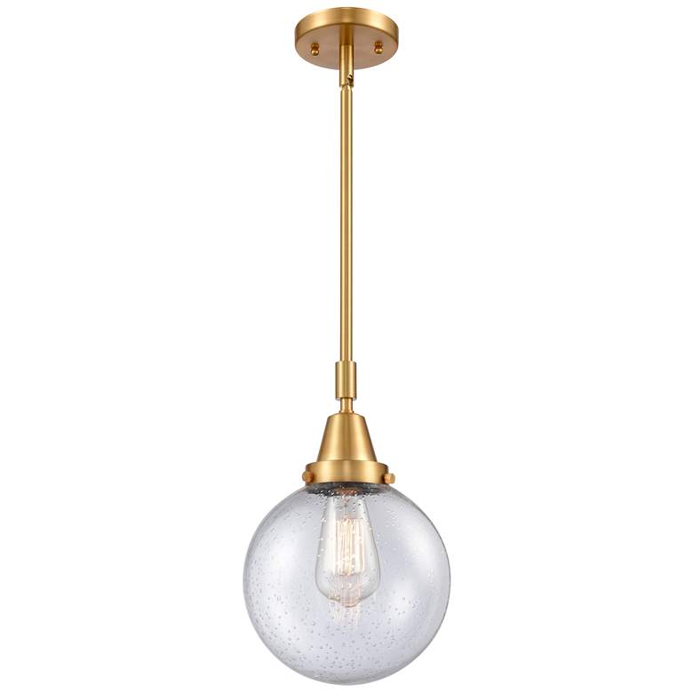 Image 1 Caden Beacon 8" Wide Satin Gold Stem Hung Mini Pendant w/ Seedy Shade