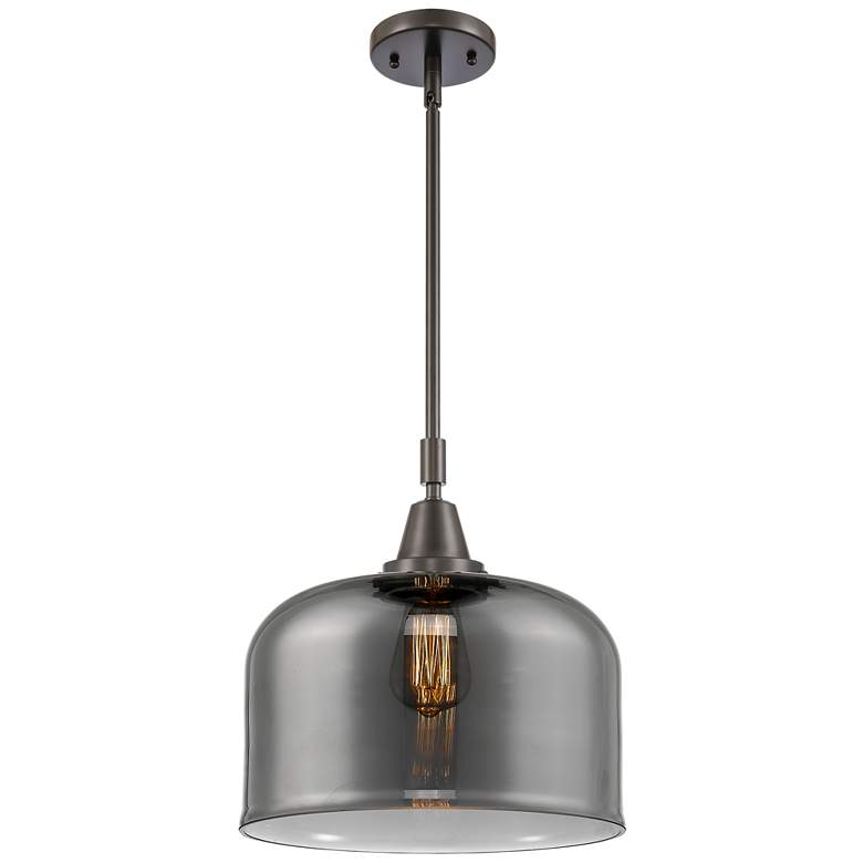 Image 1 Caden Bell 12" Wide Bronze Stem Hung Mini Pendant w/ Plated Smoke Shad