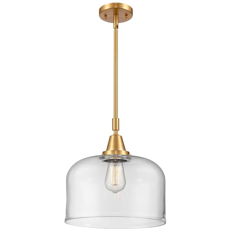 Image 1 Caden Bell 12" Wide Satin Gold Stem Hung Mini Pendant w/ Clear Shade