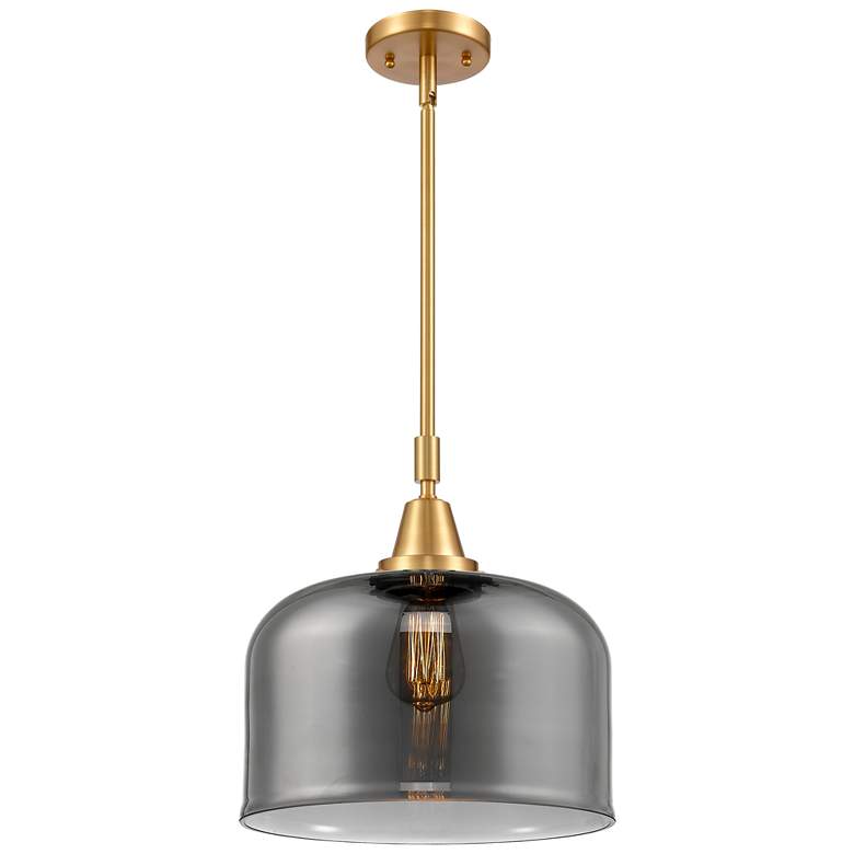 Image 1 Caden Bell 12 inch Wide Satin Gold Stem Hung Mini Pendant w/ Plated Smoke 