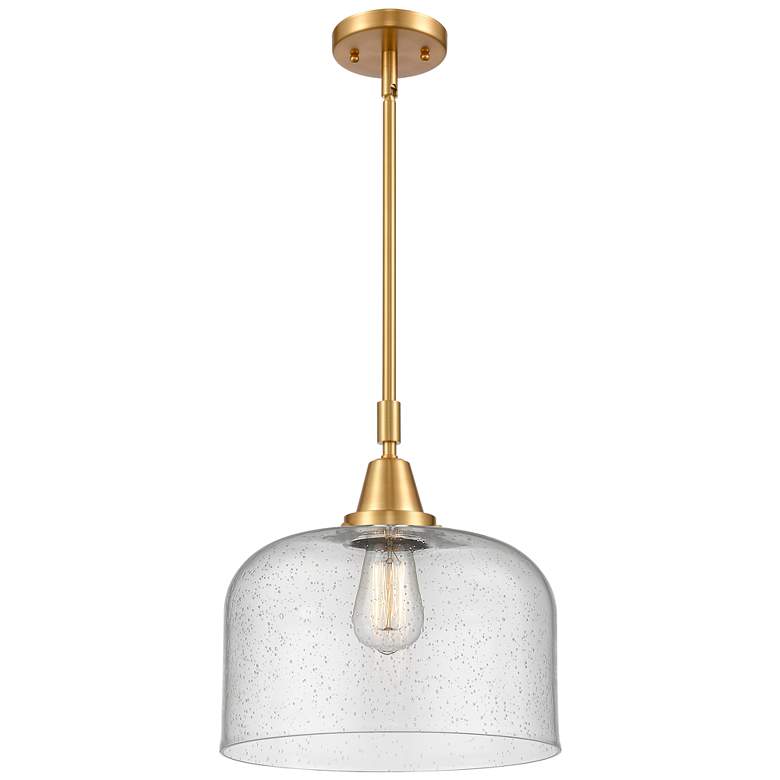 Image 1 Caden Bell 12 inch Wide Satin Gold Stem Hung Mini Pendant w/ Seedy Shade