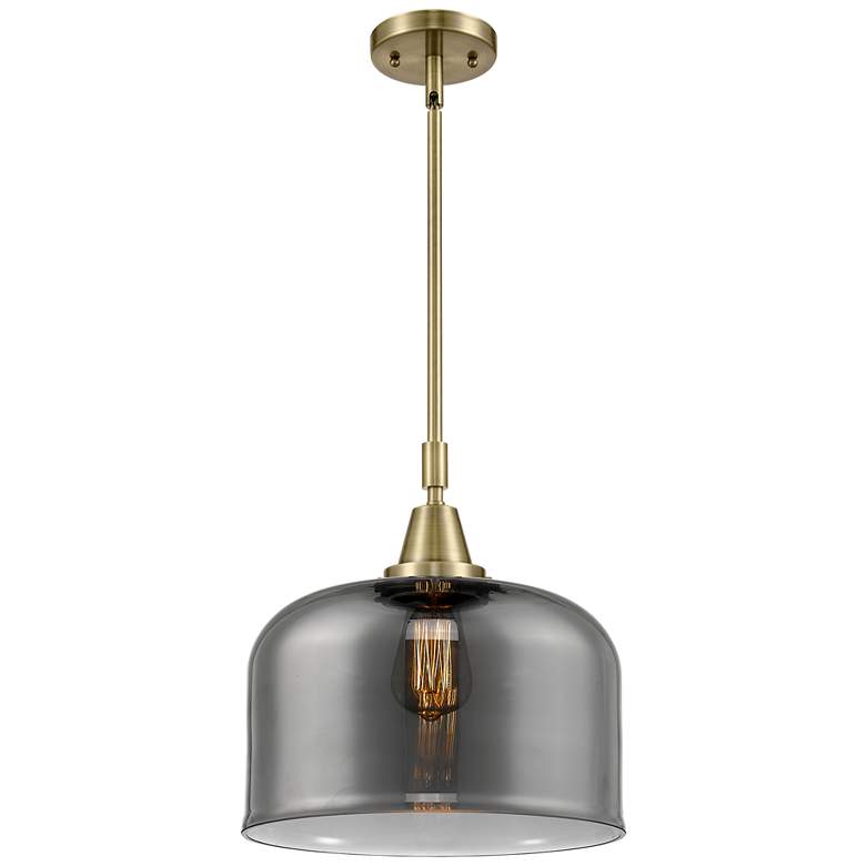 Image 1 Caden Bell 12"W Antique Brass Stem Hung Mini Pendant w/ Plated Smoke S