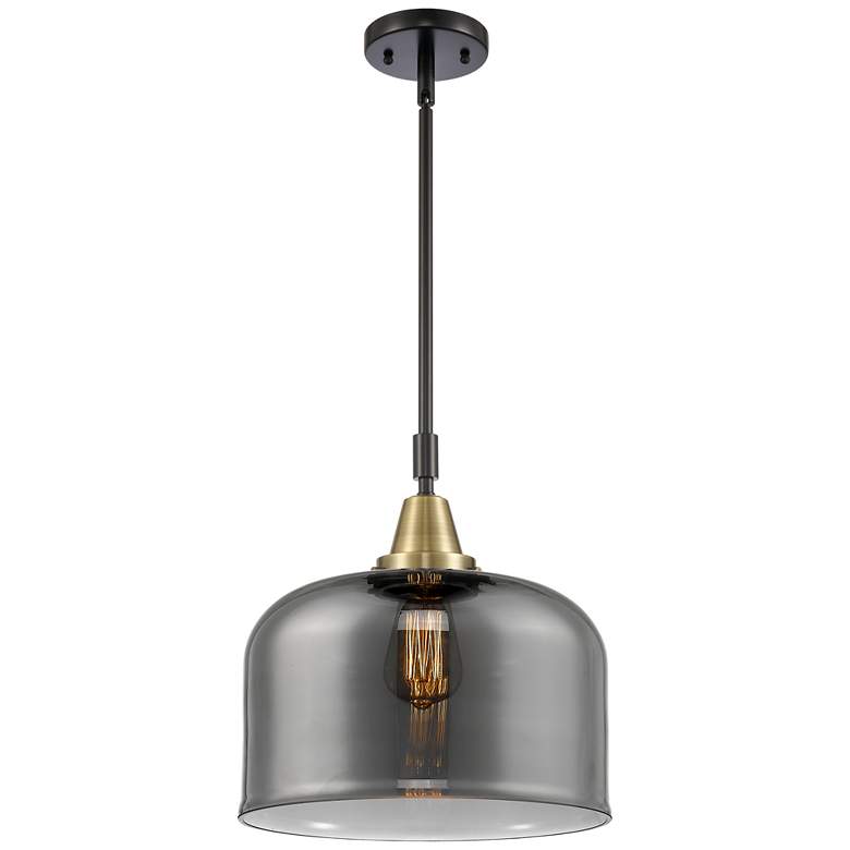 Image 1 Caden Bell 12"W Black Brass Stem Hung Mini Pendant w/ Plated Smoke Sha