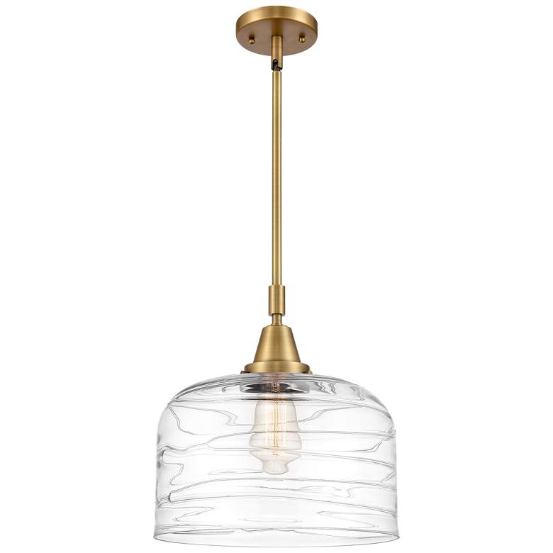 Image 1 Caden Bell 12"W Brushed Brass Stem Hung Mini Pendant w/ Deco Swirl Sha
