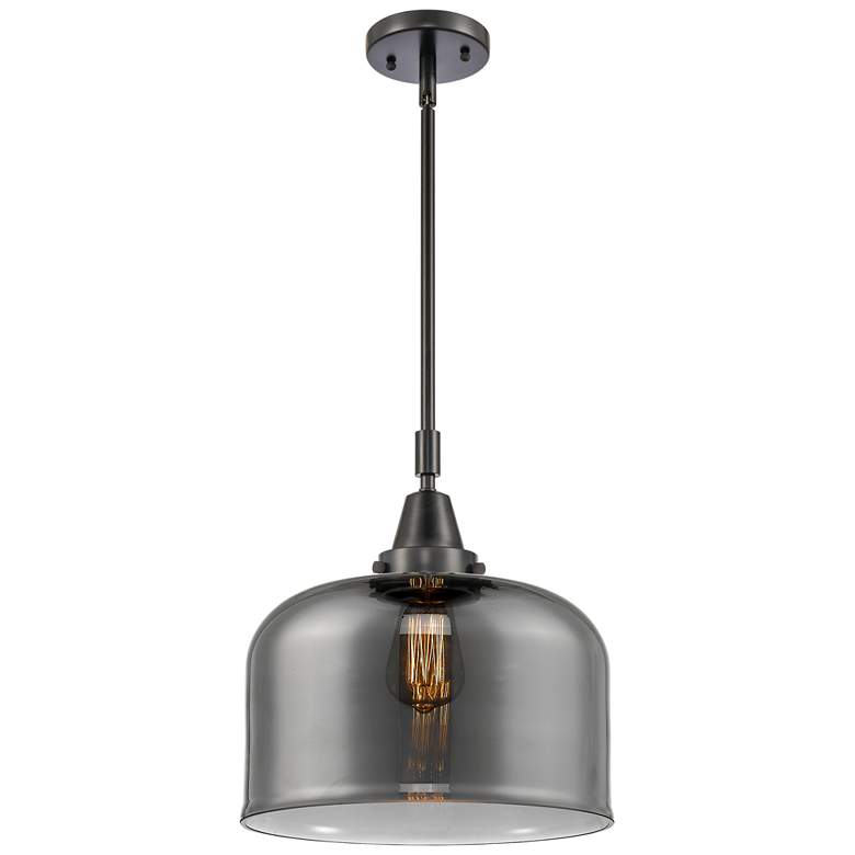 Image 1 Caden Bell 12"W Matte Black Stem Hung Mini Pendant w/ Plated Smoke Sha