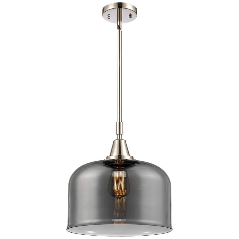 Image 1 Caden Bell 12"W Polished Nickel Stem Hung Mini Pendant w/ Smoke Shade