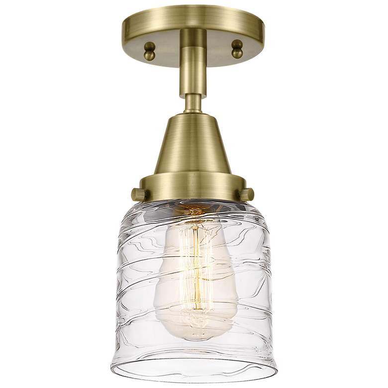 Image 1 Caden Bell 5" LED Flush Mount - Antique Brass - Deco Swirl Shade