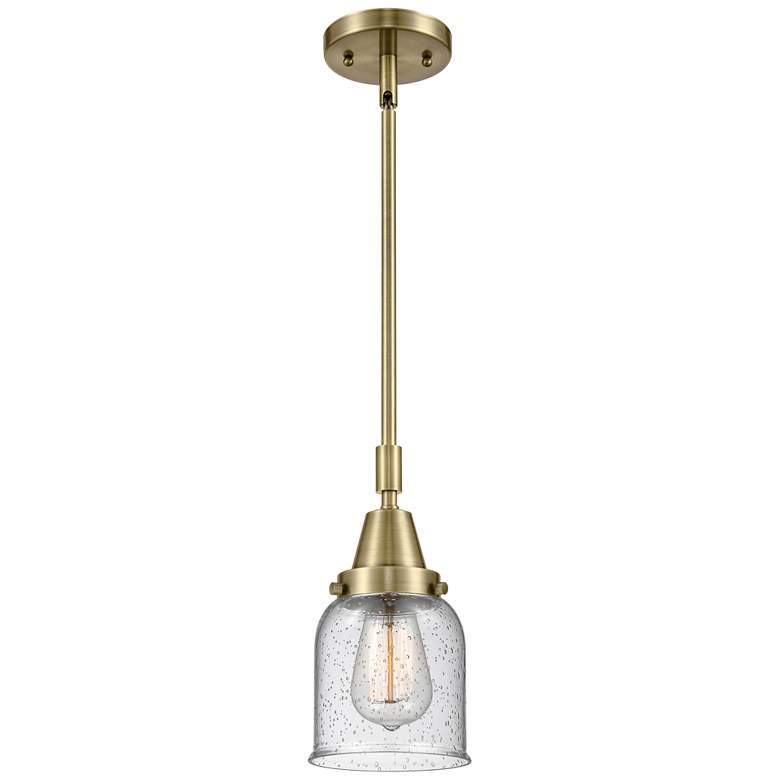 Image 1 Caden Bell 5" Wide Antique Brass Stem Hung Mini Pendant w/ Seedy Shade