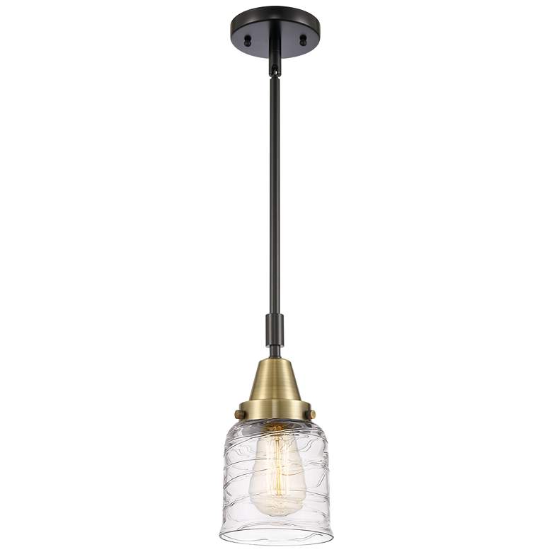 Image 1 Caden Bell 5" Wide Black Brass Stem Hung Mini Pendant w/ Deco Swirl Sh