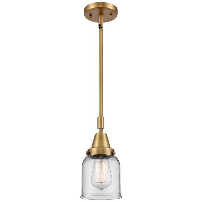 Image 1 Caden Bell 5" Wide Brushed Brass Stem Hung Mini Pendant w/ Clear Shade