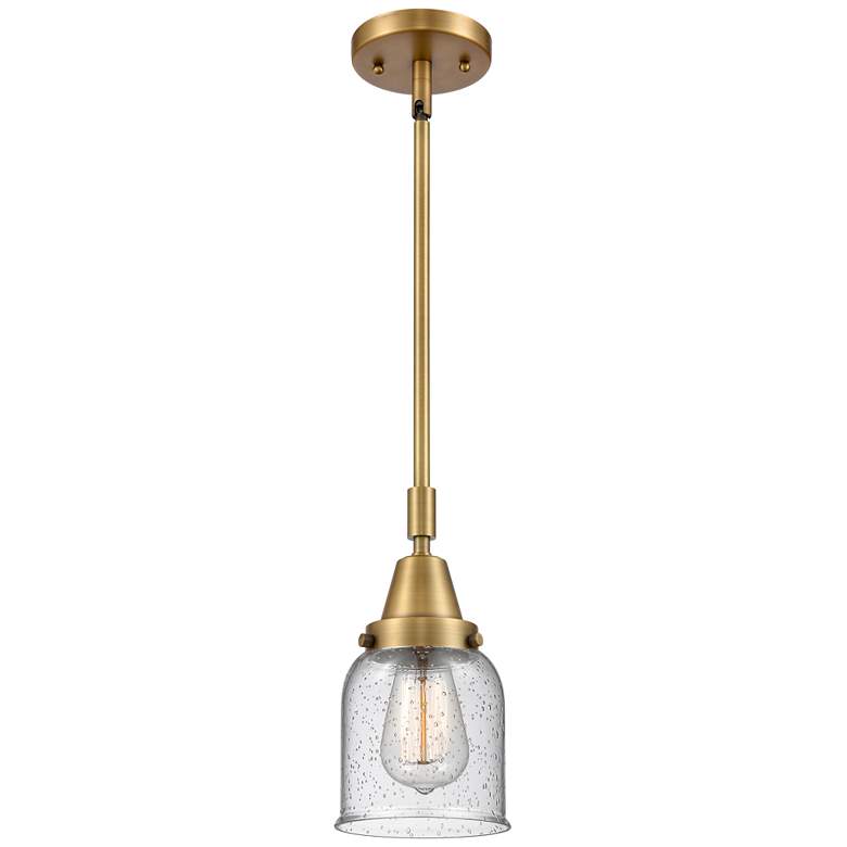 Image 1 Caden Bell 5" Wide Brushed Brass Stem Hung Mini Pendant w/ Seedy Shade