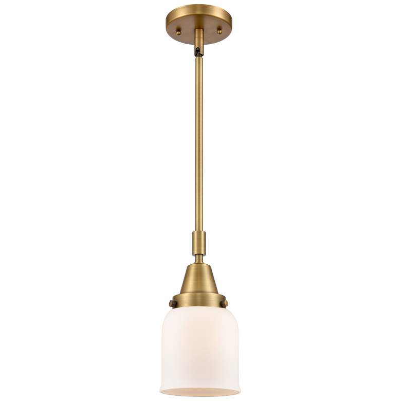 Image 1 Caden Bell 5" Wide Brushed Brass Stem Hung Mini Pendant w/ White Shade