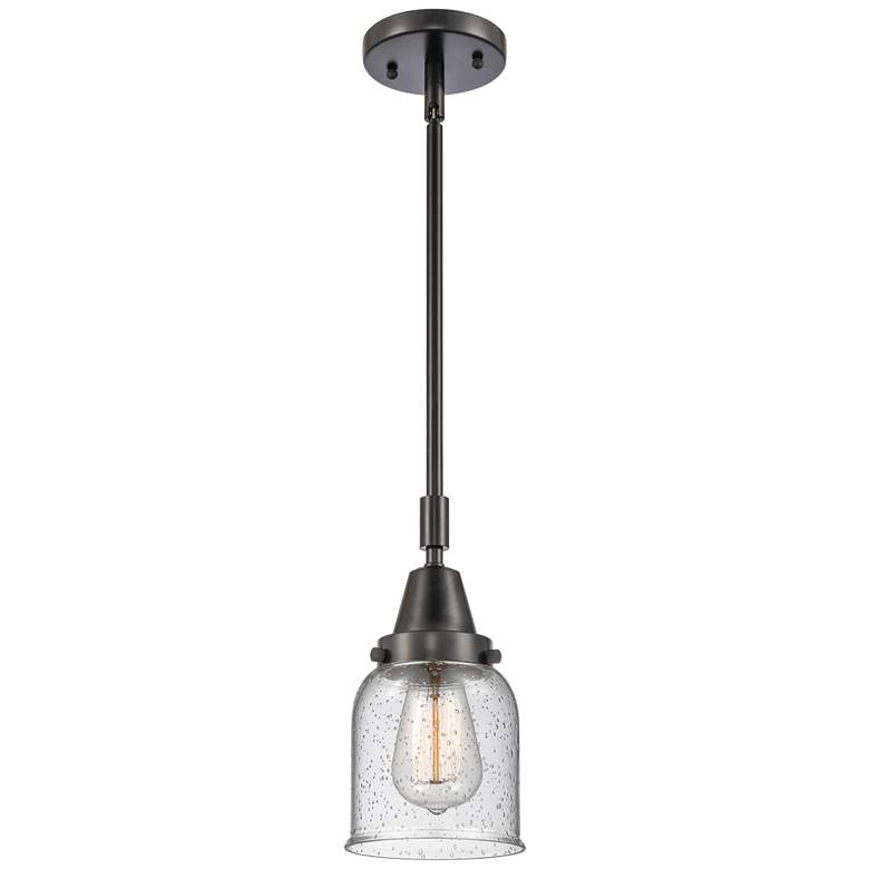 Image 1 Caden Bell 5" Wide Matte Black Stem Hung Mini Pendant w/ Seedy Shade