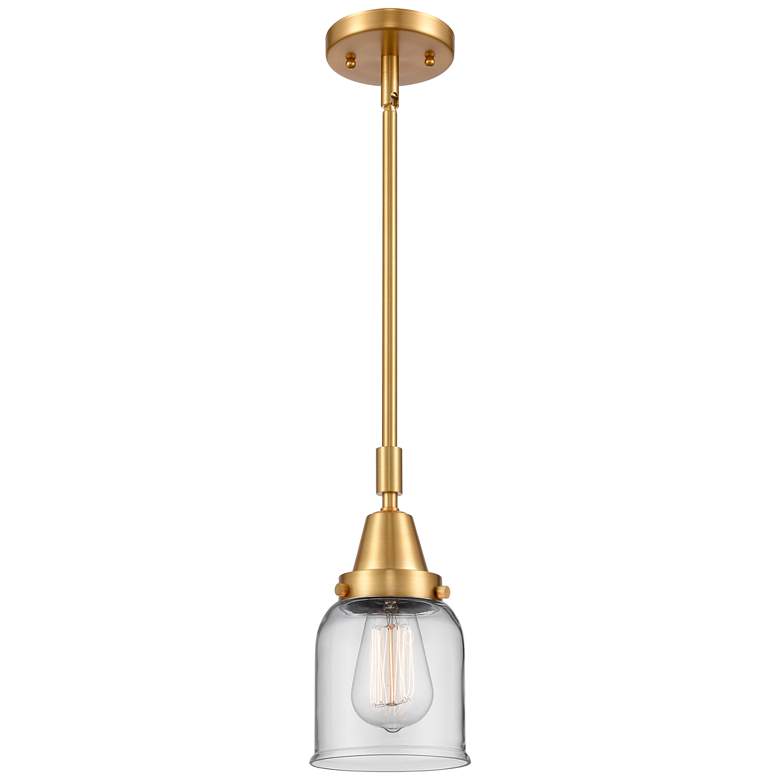 Image 1 Caden Bell 5" Wide Satin Gold Stem Hung Mini Pendant w/ Clear Shade