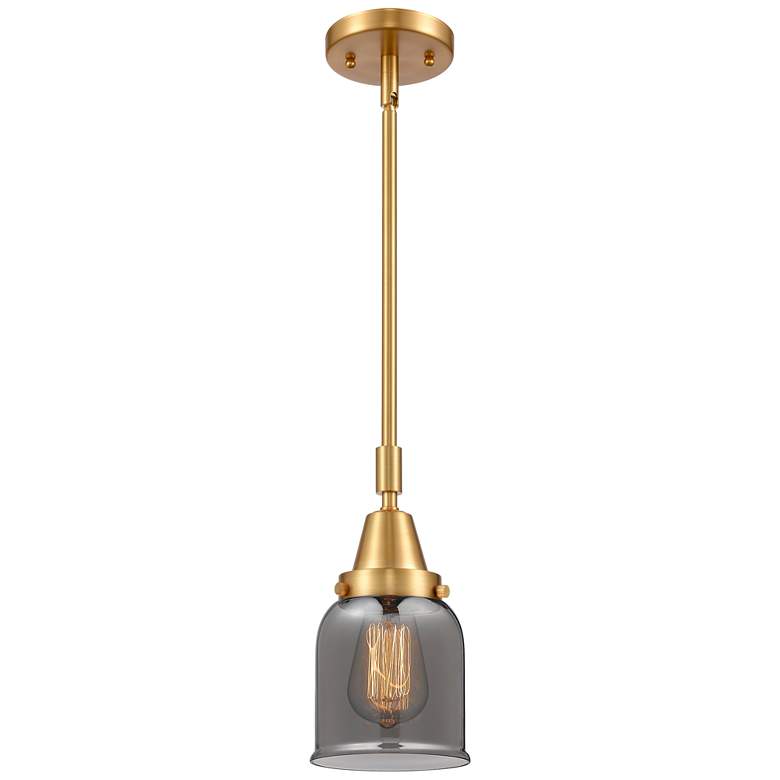 Image 1 Caden Bell 5 inch Wide Satin Gold Stem Hung Mini Pendant w/ Plated Smoke S