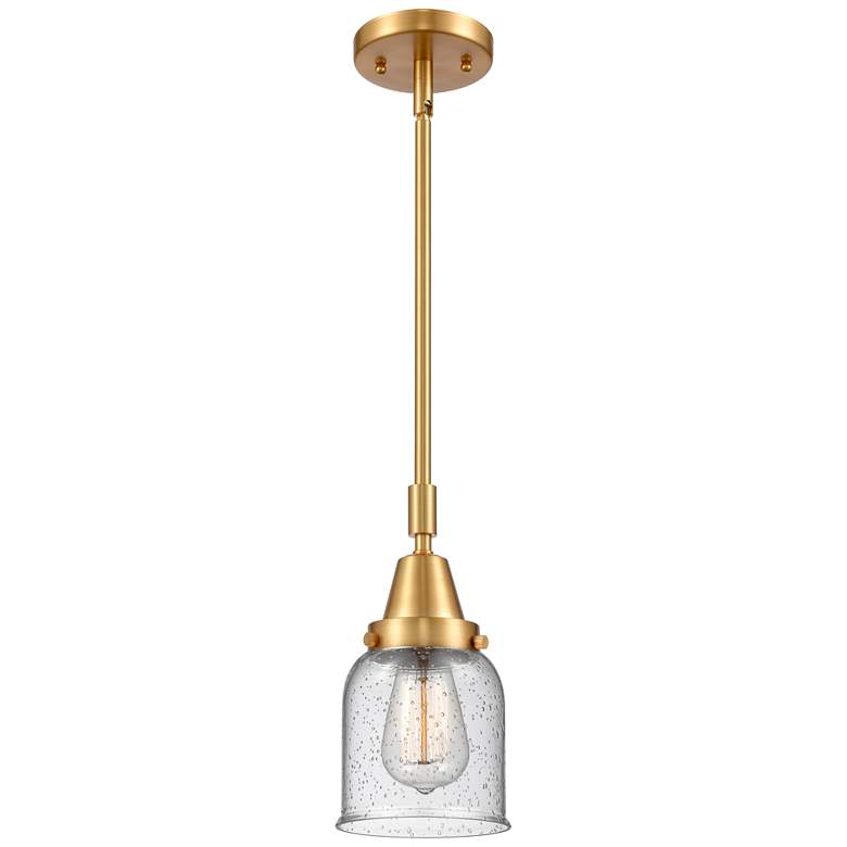 Image 1 Caden Bell 5" Wide Satin Gold Stem Hung Mini Pendant w/ Seedy Shade