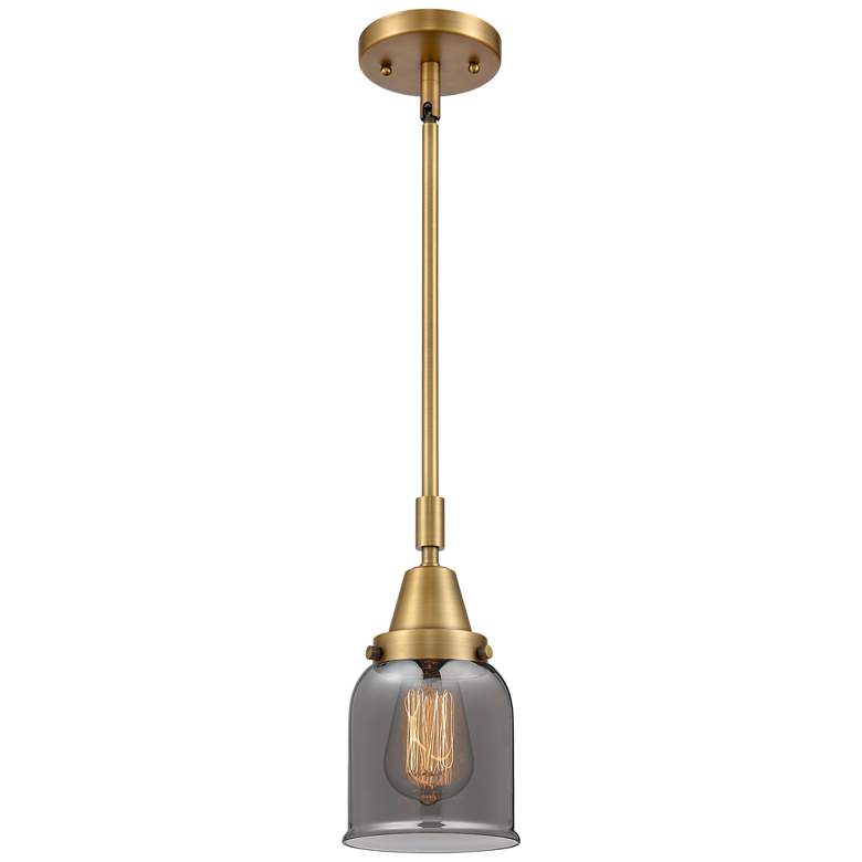 Image 1 Caden Bell 5"W Brushed Brass Stem Hung Mini Pendant w/ Plated Smoke Sh