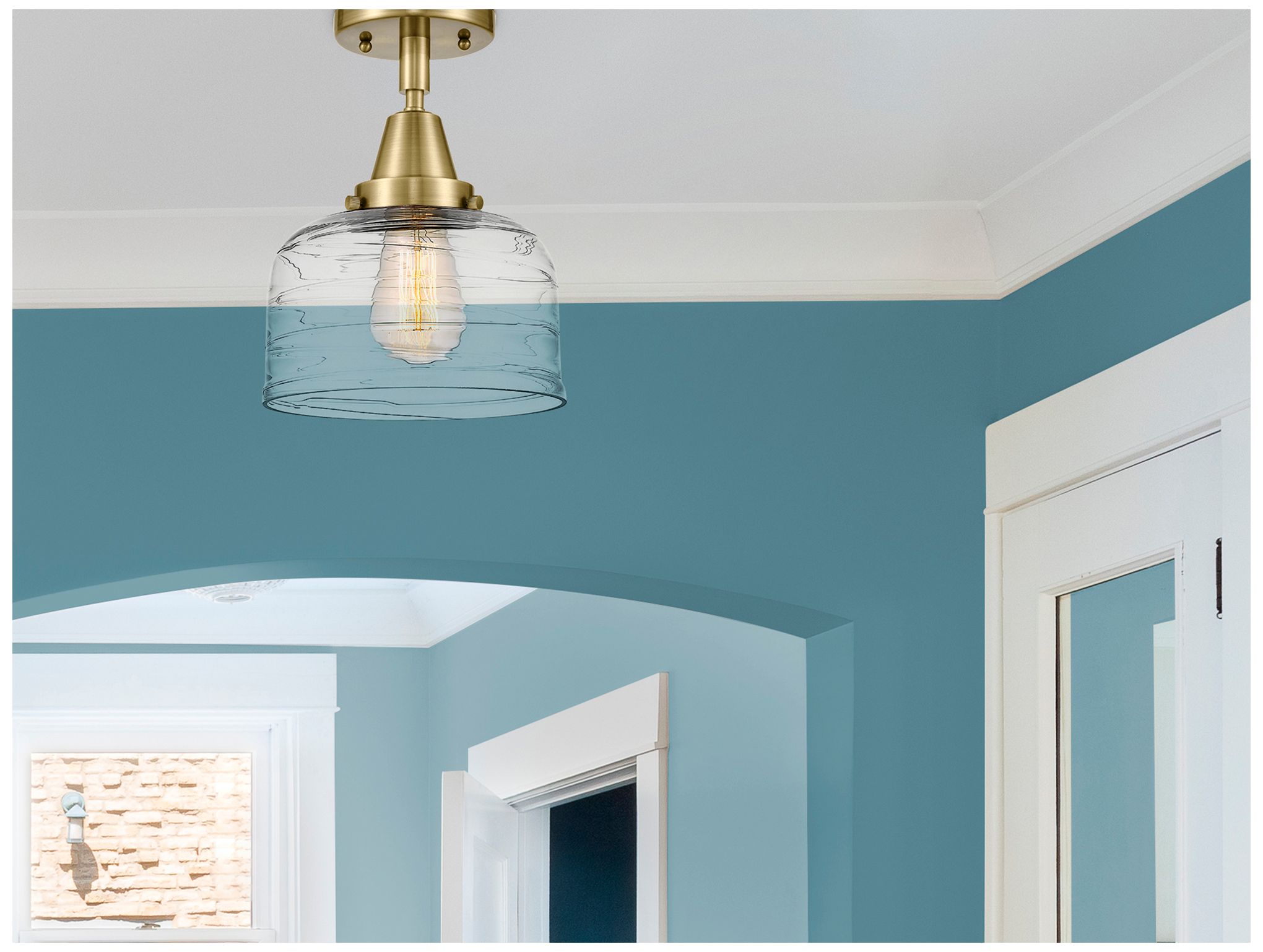 Image 2 Caden Bell 8" LED Flush Mount - Antique Brass - Clear Deco Swirl Shade more views