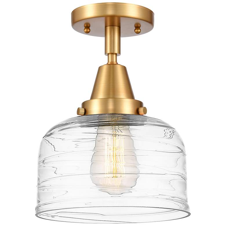 Image 1 Caden Bell 8 inch LED Flush Mount - Satin Gold - Clear Deco Swirl Shade