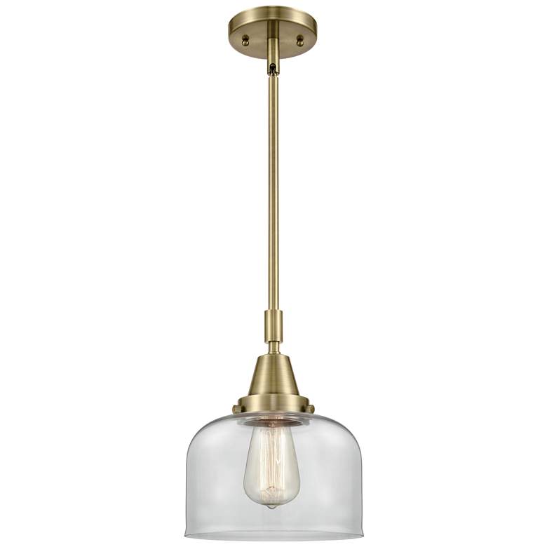 Image 1 Caden Bell 8" Wide Antique Brass Stem Hung Mini Pendant w/ Clear Shade