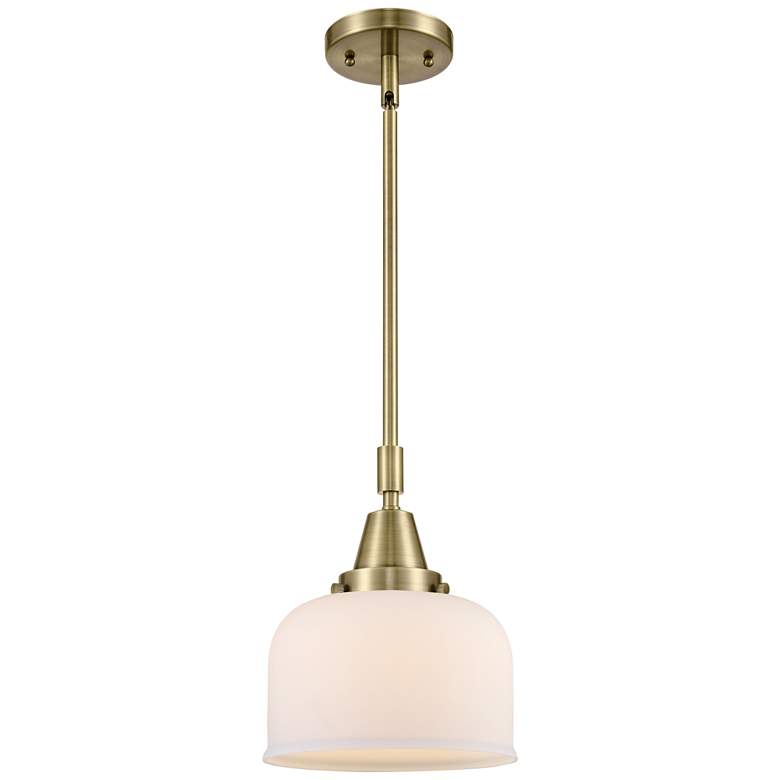 Image 1 Caden Bell 8" Wide Antique Brass Stem Hung Mini Pendant w/ White Shade
