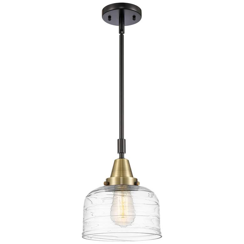 Image 1 Caden Bell 8" Wide Black Brass Stem Hung Mini Pendant w/ Deco Swirl Sh
